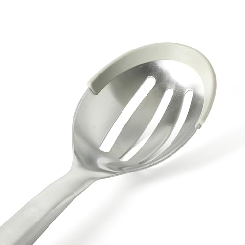Image of Calphalon Prime Slotted Spoon Skimmer, Stainless Steel Straining Spoon with Taupe Silicone Rim, Heat-Resistant Nonstick-Safe Kitchen Spoon for Draining, Cooking & Serving