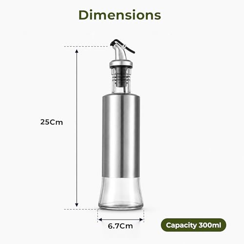 Image of HomeEssentials Glass Oil Dispenser Bottle with Measurement Markings | Auto Flip Lid Cruet with Non-Slip Handle | Leakproof & Drip-Free Oil and Vinegar Pourer for Kitchen Cooking (300, Milliliters)