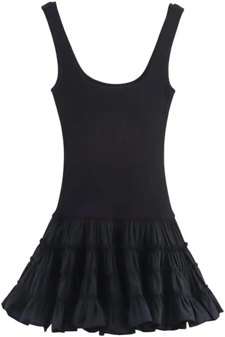 Women Fluffy Splicing Dress Short Skirt Solid Color Dress Cute Ruffle Trim Party Dress