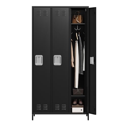GAOMON Locker for Employees, 3 Doors Locker Cabinet with Hooks, Storage Locker for Home, Office, Gym, School, Assembly Required, Black