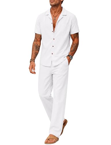 UOUA Mens 2 Piece Linen Set Summer Beach Button Down Short Sleeve Shirt Long Pant Vacation Matching Outfit Casual Tracksuit White L
