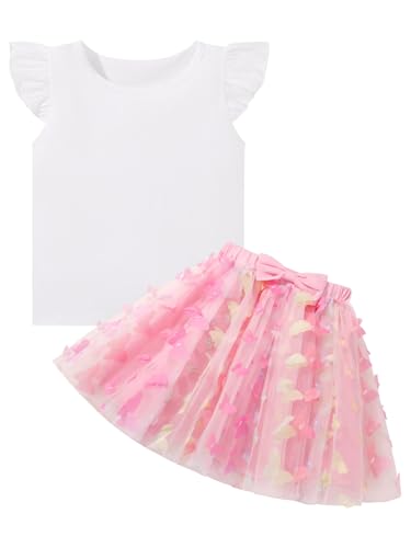 Image of Girls Tulle Skirt Set Kid Toddler Girl 2 Piece Outfits Ruffle Sleeve T-Shirt Bowknot Tutu Dress Birthday Party Outfit