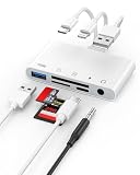5-in-1 Memory Card Reader, USB OTG Adapter & SD Card Reader for iPhone 17 16 15 14 13 12, Type C/Lightning/USB A Devices with Micro SD/SD Card/OTG/3.5mm Headphone/Type C Charging Slots, Plug and Play