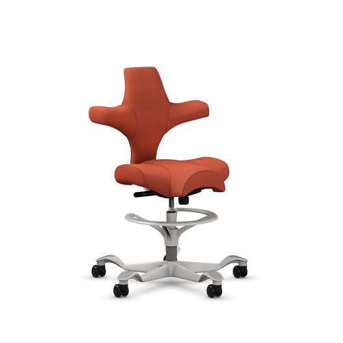Image of HAG Capisco Sit to Stand Chair-Silver Frame-Upholstered Burnt Red-with Foot Ring