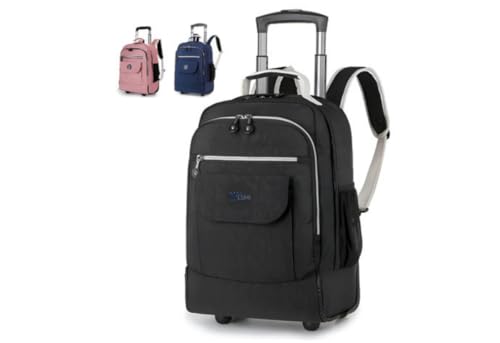 Mochila Escolar com Rodinhas Grande Impermeável Reforçada Mochila com Carrinho Altura Ajustável, Espaçosa para Escola, Faculdade e Viagem, Compartimentos Multiuso (PRETO)