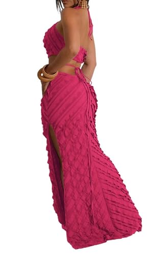 Image of Aro Lora Womens Sexy Halter Neck Criss Cross Pleated Hollow Out Side Slit Bodycon Maxi Dress Small Rose