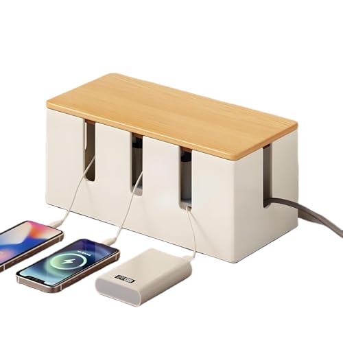 Smedicコンセント収納ボックス テーブル上置き ケーブル整理用 ワイヤー収納ケース 木製天板 スチール製 電源コード隠し 簡易棚付き デスクオーガナイザー 多孔設計で複数の充電器・ケーブルを分別収納可能 家庭・オフィス用 モダンデザイン ダストカバー付