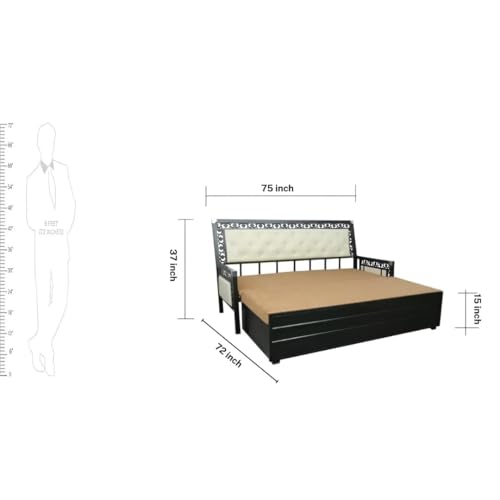 Image of Rexo Metal Sofa Cum Bed with Hydraulic Storage | 3 Seater Convertible Sofa Bed for Living Room | Heavy Duty Metal FrameMatte Black Finish with Light Brown Cushion, Queen
