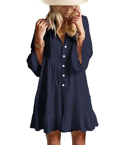 Image of Opemiby Summer Dresses for Women 2026 Flowy Ruffle 3 /4 Sleeve V Neck Tiered Casual Babydoll Boho Beach Mini Dress