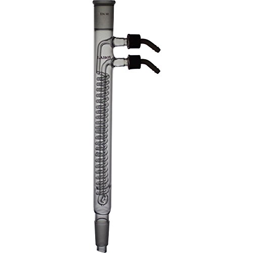 Laboy Glass Dimroth Reflux Condenser, Coil Type, 225 mm Coil Length, 465 mm Overall Height, 24/40 Joints, Removable Hose Connections, Borosilicate 3.3, Organic Chemistry Lab Glassware Apparatus