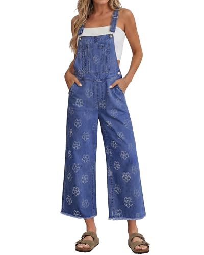 luvamia Raw Hem Denim Overall for Women Wide Leg Capri Jean Stretchy Jumpsuits for Women Loose Fit Summer Embroidered Stretchy Bib Overall Floral Classic Blue S