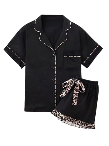 Verdusa Women's 2 Piece Leopard Print Bow Pjs Pajama Sets Button Down Lightweight Summer Pajamas Ruffle Shorts Lounge Set