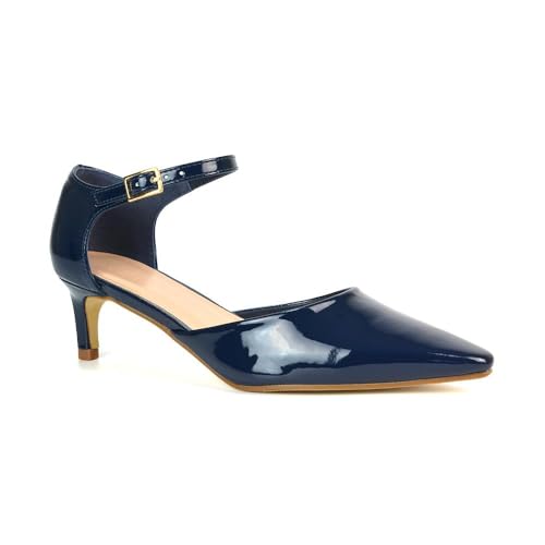 Women's Classic Low Kitten Stiletto Heel Ladies Navy Patent 2 Piece Ankle Strap Court Shoes Size 4