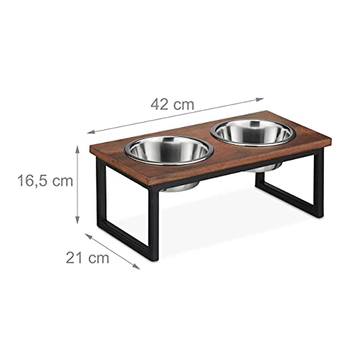 Relaxdays Napfständer, Edelstahlnäpfe Füllmenge 1000 ml, Hundefutterstation aus Mangoholz, HBT 16,5 x 42 x 21 cm, natur