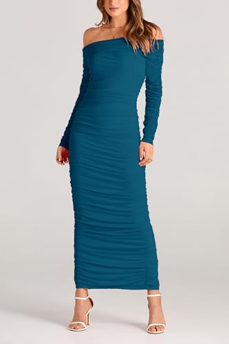 PRETTYGARDEN Women's Fall Off The Shoulder Maxi Dress Spring Long Sleeve Ruched Fitted Bodycon Club Dresses with Slit