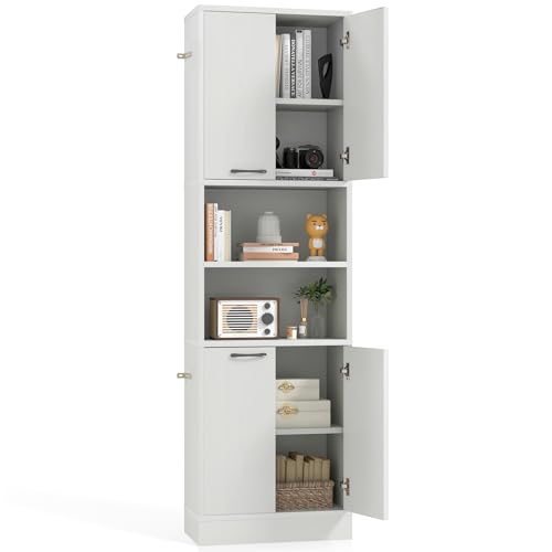 GOPLUS Gabinete de Almacenamiento Alto para Baño, Armario Moderno con 4 Puertas, 2 Compartimentos Abiertos y Dispositivos Antivuelco, Gabinete Independiente para Comedor, Cocina (Roble Blanco)