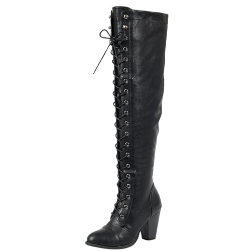 Forever Women's Chunky Heel Lace Up Over-The-Knee High Riding Boots,Black Pu,10