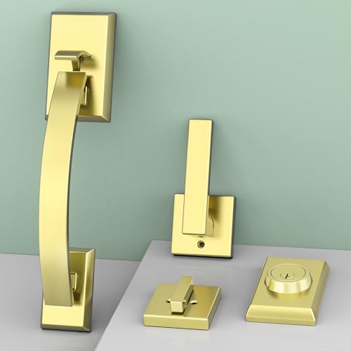Image of Front Door Lock Set, Gold Front Door Handle and Deadbolt Set Adjustable, 12.7in Gold Heavy Exterior Entry Handle Reversible
