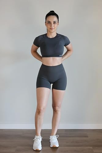 Image of AUROLA Influence Women Crop Top Short Sleeve Compression Workout T-Shirt | Raglan Short Sleeve Crop Top, High-Stretch Seamless Knit, Stay-Put Ribbed Underband, Soft Breathable Comfort