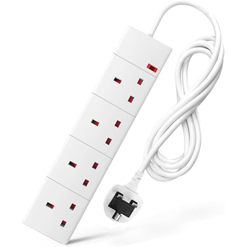 4 Way Extension Lead 3M UK Plug Extension Socket 3 Metre Electric Extension Cable Multi Plug Power Strip Extension Cord Wall Mountable UK Socket Extensions Mains Strip