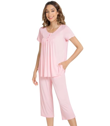 Image of NACHILA Bamboo Viscose Pajamas for Women Pleated Ruffle Tank Top Pjs Set