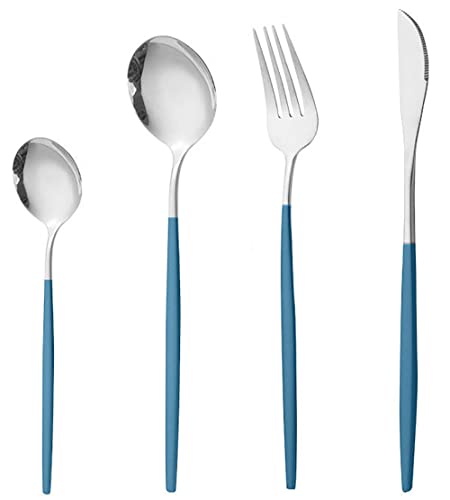 Image of Stainless Steel Flatware Set - Mirror Polished Cutlery for Dinner, Kitchen Utensil with Fork, Spoon, Knife Silverware Tableware Lunch Box(Silver-Blue, Set of 4)
