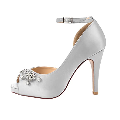 ERIJUNOR Women's Peep Toe Platform High Heel Rhinestones Satin Evening Prom Wedding Shoes2