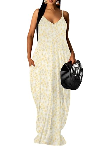 Image of Women Spaghetti Strap Maxi Dress with Pockets | Soft fabric relaxed fit sleeveless v neck with pockets for party and daily wear