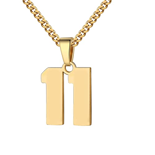 Number Necklace for Men 0-99 Athletes Jersey Number Necklace Stainless Steel Chain 22+2 inch Personalized Number Charm Pendant Inspirational Jewelry Basketball Baseball Football Gift for Men(Gold11)