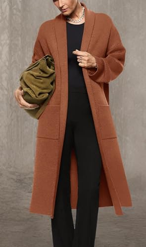 Image of Womens Long Sleeve Maxi Cardigan Open Front Oversized Knitted Sweater Coat Casual Lapel Warm Overcoat with Pockets