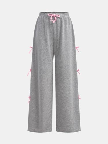 OYOANGLE Girl's Elastic Drawstring Waist Bow Sweatpants Y2K Wide Leg Long Trousers3