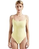 SUUKSESS Women Square Neck Lace Bodysuit Double Lined Sleeveless Spaghetti Strap Tank Top (Butter Yellow,XS)