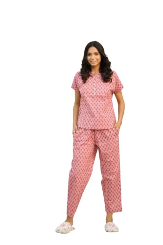 Image of SANSKRUTIHOMES Women's Premium 100% Cotton Printed Co-Ord Set | Short Sleeve Shirt & Pant Set | Pink Checkered Sun & Palm Tree Print | Casual Summer Resortwear, Vacation Wear & Comfortable Loungewear