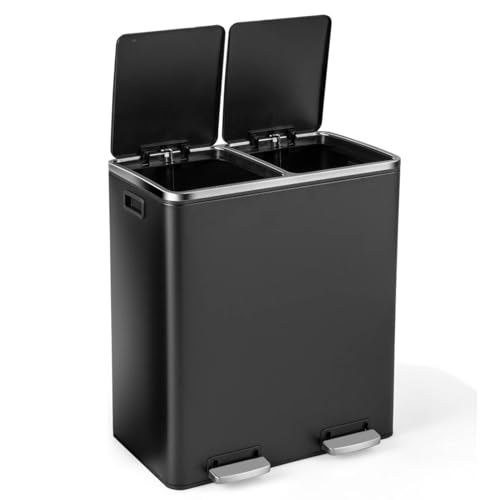 Image of GiantexUK 60L Double Rubbish Bin, 2x30L Stainless Steel Recycling Kitchen Pedal Bin with Removable Buckets & Soft Close Lids, Dual Compartment Step on Waste Can (Black)
