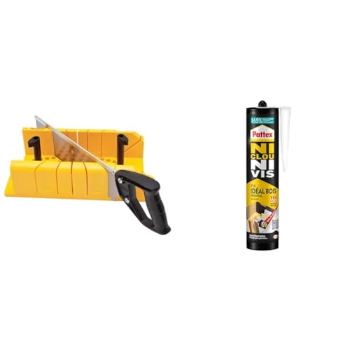 Stanley 1-20-600 Boite à Onglet en ABS Antichocs - Plateau Alvéolé avec Cadre Excentrique & Pattex Ni Clou Ni Vis Fix Idéal Bois (cartouche de 380 g) – Colle de fixation à maintien immédiat
