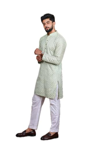 Image of LookMark Men's Printed Silk Blend Kurta with Mandarin Collar, Full Sleeves, Straight Fit Traditional Ethnic Wear