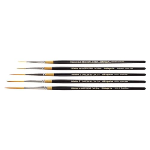 KINGART Premium Set de 5 Pinceles Script Liner Serie 9050 Original Gold, Pelo Sintético Golden Taklon para Acrílico, Óleo y Gouache, Mango Corto, 5 Tamaños: 18/0, 10/0, 1, 2, 4 miniatura 3