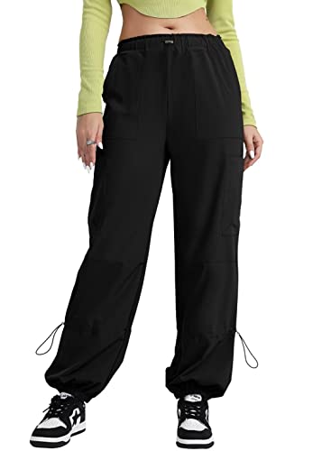Allytok Parachute Pants For Women Baggy Drawstring Cargo Jogger Track Pants With Pockets Petite Girls Y2K Streetwear Trousers Black X-Small #TOP13