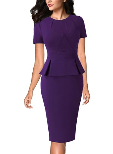 Image of VFSHOW Womens Pleated Crew Neck Peplum Work Business Office Church Bodycon Pencil Sheath Dress