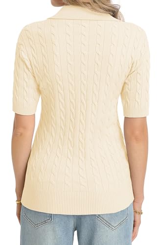 Image of QUALFORT Cable Knit Women's Short Sleeve Sweater Soft V Neck Polo Tops