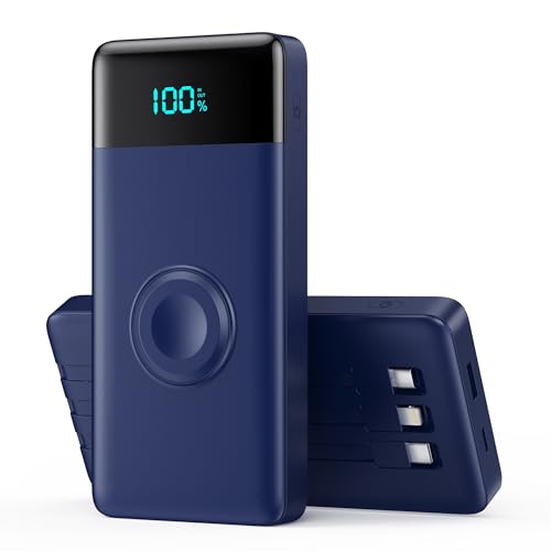 Power Bank 10800mAh con 3 Cables Integrados & Cargador para Apple Watch,6-in-1 Bateria Externa PD 25W+QC4.0 USB C Carga Rapida Bateria Portatil con Pantalla LCD para i-Watch/iPhone/Samsung-Azul Oscuro