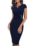 VFSHOW Womens Navy Blue Elegant Notch V Neck Ruched Work Office Business Church Bodycon Sheath Dress 2722 BLU XL