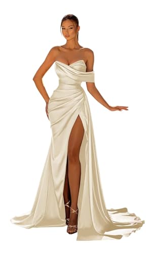 Long Mermaid Prom Dresses Satin with Slit Strapless Sweep Train Cocktail Party Formal Evening Gown