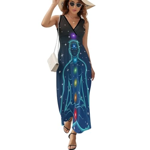 Robe Longue d'Été en Voile Fluide sans Manches, Robe Maxi Col V aux Finitions Soignées
