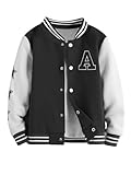 SHENHE Boy's Button Up Varsity Jacket Color Block Letter Print Baseball Bomber Jacket, Black and White, 10 Years