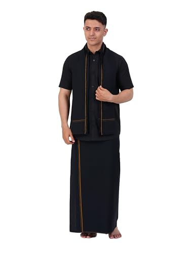 Prakasam Cotton Mens Single Small Border (1.28X2.00 Mtrs) Black Dhoti + Readymade Half Sleeve Shirt + Black Small Border Towel