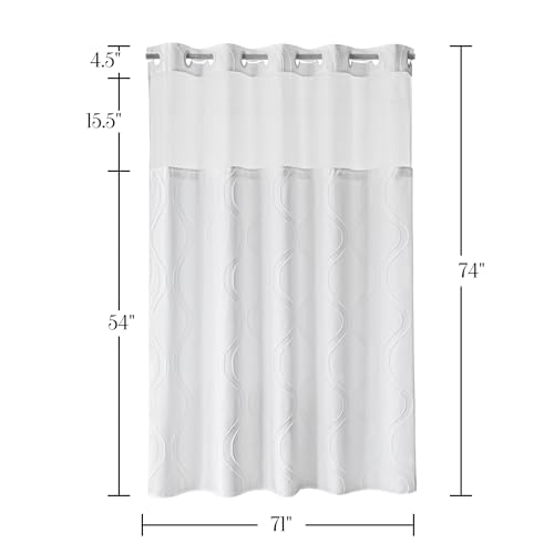 Image of No Hook Geometric Tufted Fabric Shower Curtain with Snap in Liner - 71 inch W x 74 inch H, Hotel Style, Top Sheer Window, Water Repellent Shower Curtain for Bathroom, White