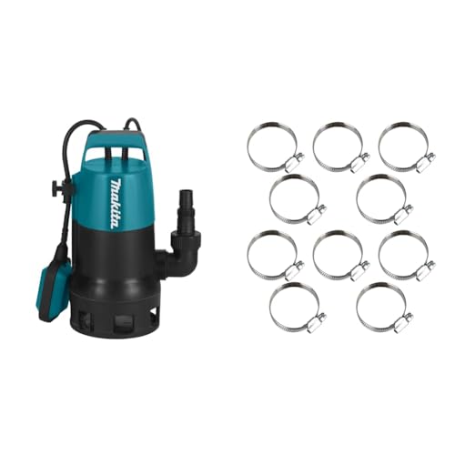 Makita PF0410 elektrische Tauchpumpe, Schmutzwasser bis 35 mm Partikelgröße, 400 Watt & MO-Werkzeughandel Schlauchschellen W2, 32-50mm, 10 Stück