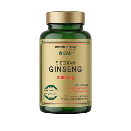 COSMO PHARM Siberian Ginseng 2000 mg - Standardized Extract from Eleutherococcus Root - 90 Vegetable Capsules - 1 Capsule per Day - Herbal Supplement