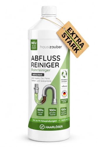 hauszauber - Abflussreiniger [EXTRA STARK] 1000 ml - Löst Speisereste, Öle, Fette & Haare - Profi Rohrreiniger für Badewanne, Waschbecken, Dusche, Siphon, Bad und Küche - Abflussfrei & Haarweg